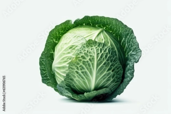 Fototapeta Green cabbage is seen alone on a white background. Generative AI