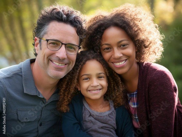 Fototapeta Casual close-up portrait of mixed-race family of white father, black mother, and biracial daughter.  All are looking at the camera and smiling.