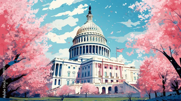 Fototapeta Retro US Capitol Risograph in Pop Art Color Theme - Political Cartoon Concept of the Heart of American Democracy in Washington DC - Generative AI