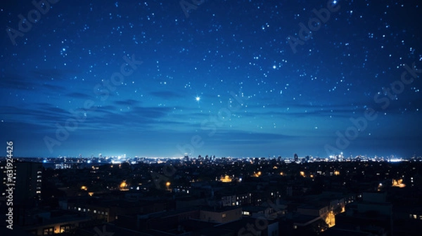 Fototapeta Crystal Clear Image of the Orion Constellation, gwiazdy błyszczące jasno o ciemne nocne niebo, sylwetki budynków miejskich na dole