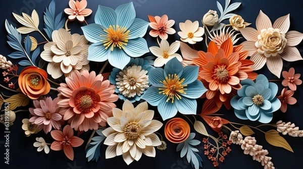 Fototapeta Compositions and multi-colored paper flowers. Wallpaper of a room for a girl. Wallpaper for a beauty salon. Abstract interior background.