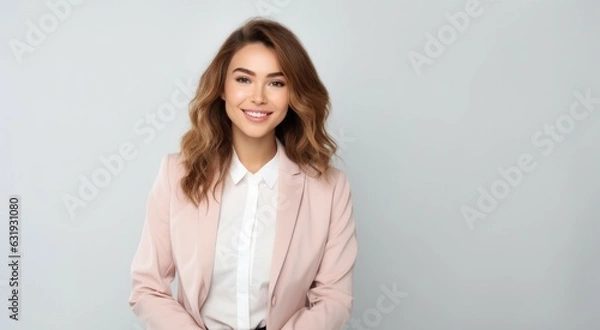 Fototapeta Young smilling business woman posing on soft color background. 