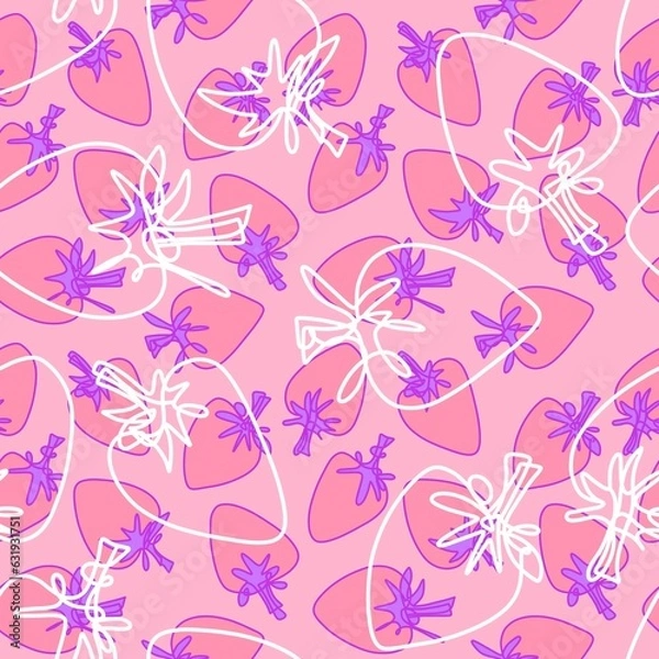 Fototapeta Summer cartoon line art berries seamless strawberry fruit pattern for wrapping paper and fabrics and kids clothes print