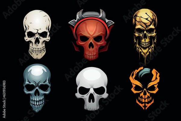 Obraz Human skulls set. Colourful vector illustration on black background.