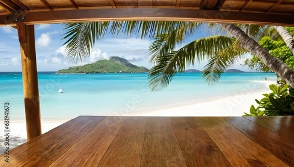Fototapeta Covered wooden table for displaying items with beach and palm trees and island at tropical resort in the background - AI-Generated