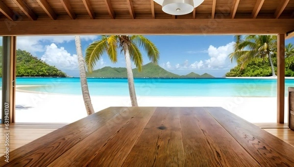 Fototapeta Wooden table for displaying items with beach and palm trees and island at tropical resort with light in the background - AI-Generated