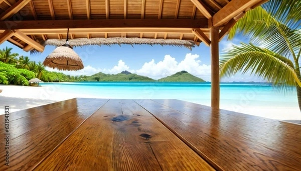 Fototapeta Wooden table for displaying items with beach and palm trees and island at tropical resort with lamp in the background - AI-Generated
