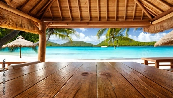 Fototapeta Extended wooden table for displaying items with beach and palm trees and island at tropical resort in the background - AI-Generated
