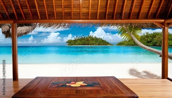 Fototapeta Wooden table for displaying items with beach and palms and island  in the background - AI-Generated