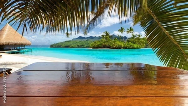 Fototapeta Wooden table for displaying items with beach and palm trees and island  in the background - AI-Generated