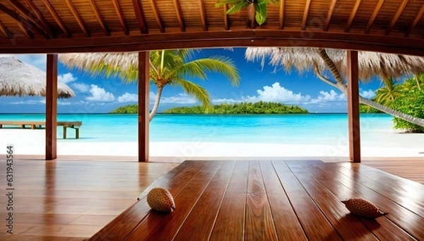 Fototapeta Wooden table with beach and palm trees and island  in the background - AI-Generated
