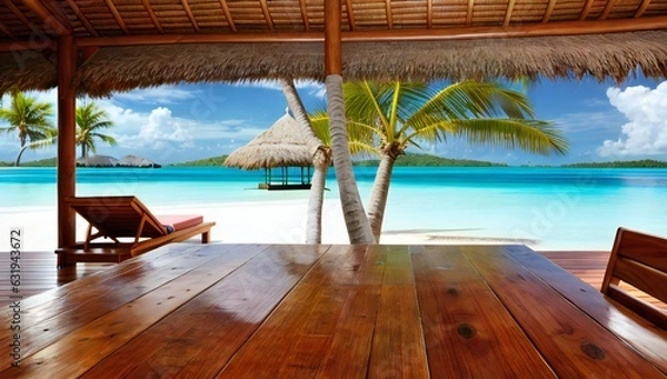 Fototapeta Wooden table with beach and tiki hut and beach and palm trees in the background - AI-Generated