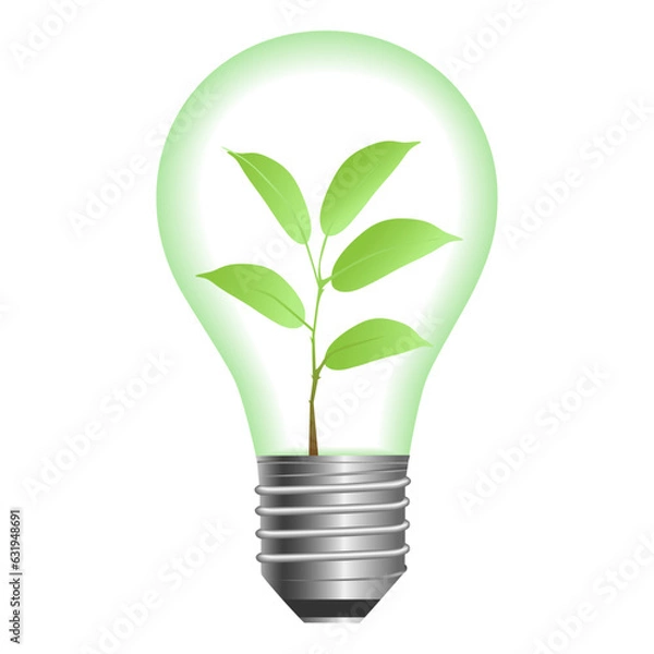 Obraz L√°mpara con planta. Concepto de mundo ecol√≥gico. Reciclar y ahorrar luz.