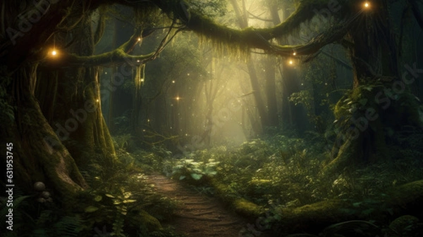 Fototapeta A beautiful fairytale enchanted forest with big trees and great vegetation. Digital painting background created with Generative AI technology