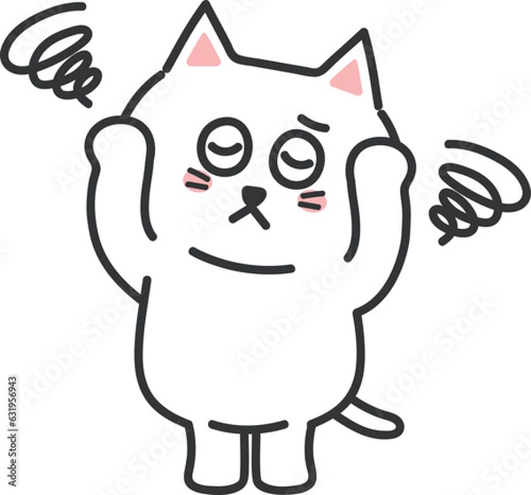 Obraz White cartoon cat feeling dizzy, vector illustration.