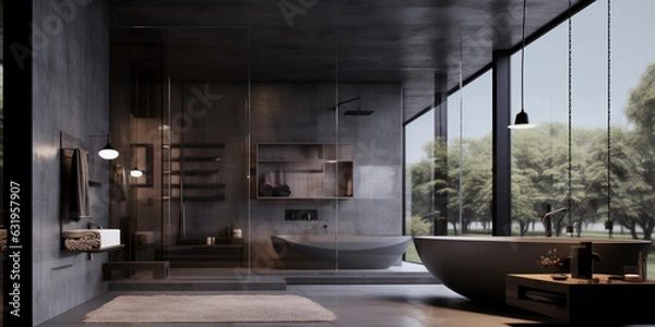 Fototapeta Modern bathrooms are sleek and streamlined, emphasizing strong horizontal lines. Clean, flourish-free details keep the focus on the architecture.