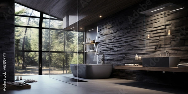 Fototapeta Modern bathrooms are sleek and streamlined, emphasizing strong horizontal lines. Clean, flourish-free details keep the focus on the architecture.