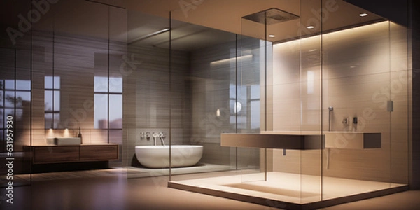 Fototapeta Modern bathrooms are sleek and streamlined, emphasizing strong horizontal lines. Clean, flourish-free details keep the focus on the architecture.