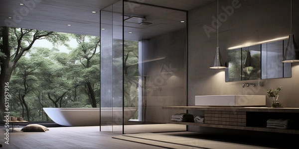 Fototapeta Modern bathrooms are sleek and streamlined, emphasizing strong horizontal lines. Clean, flourish-free details keep the focus on the architecture.