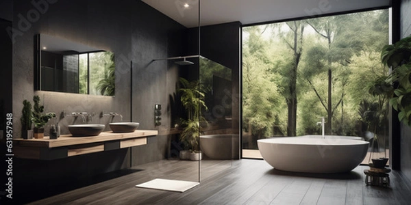 Fototapeta Modern bathrooms are sleek and streamlined, emphasizing strong horizontal lines. Clean, flourish-free details keep the focus on the architecture.