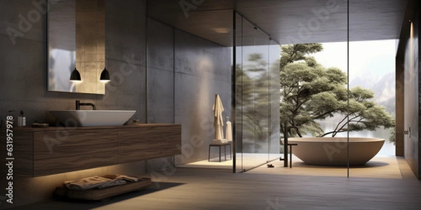 Fototapeta Modern bathrooms are sleek and streamlined, emphasizing strong horizontal lines. Clean, flourish-free details keep the focus on the architecture.