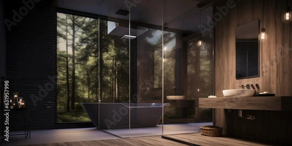 Fototapeta Modern bathrooms are sleek and streamlined, emphasizing strong horizontal lines. Clean, flourish-free details keep the focus on the architecture.