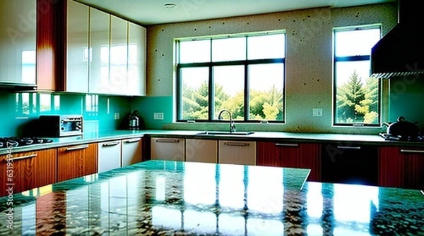 Fototapeta A Kitchen Setting with a White Display Counter with window in background  - AI-Generated