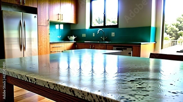 Fototapeta A Kitchen Setting with a White Display Counter with sink and window in background  - AI-Generated