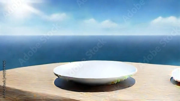 Fototapeta White platter on display with ocean and clouds in the sky in the background - AI-Generated