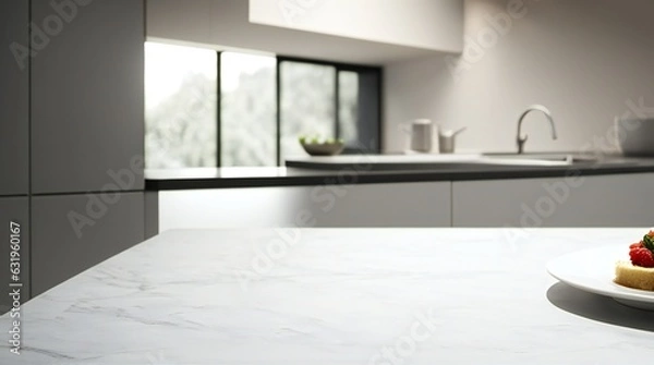 Fototapeta A Kitchen Setting with a White Display Counter with windows in the background - AI-Generated