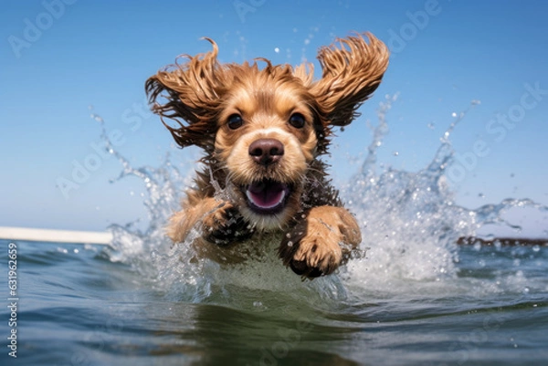Fototapeta A dog swimming in the ocean. The dog is a golden retriever with wet fur, swimming towards the camera with its mouth open, water splashing