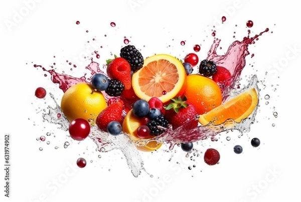 Fototapeta assorted fresh fruits with water splashes isolated on white background. generative ai