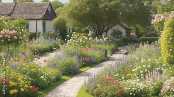 Fototapeta A path through a garden with flowers and a house in the background by Generative AI