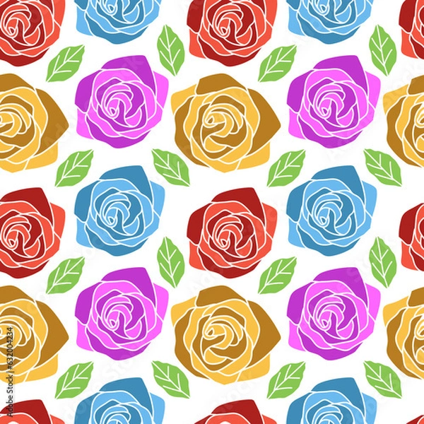 Fototapeta Vector rose flowers flat colors seamless 
pattern background.