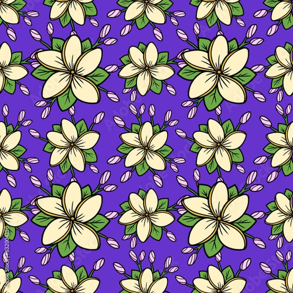 Fototapeta Vector frangipani flowers seamless pattern background.

