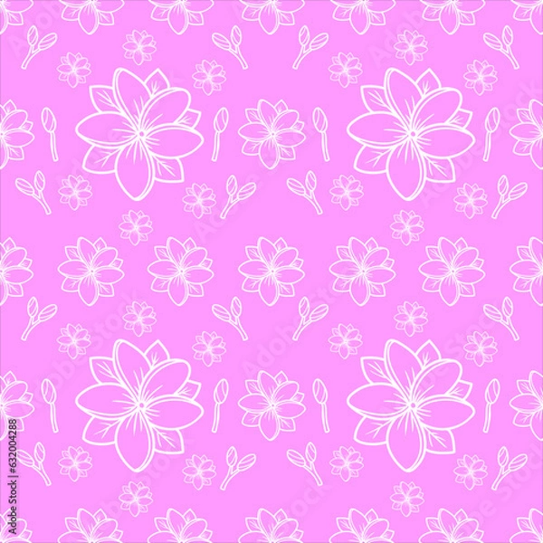 Fototapeta Vector frangipani flowers white outline 
seamless pattern background.