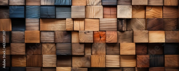 Fototapeta Mosaic from wooden panels. 3D wallpaper tiles with wood, bars. Square, soft shiny wall background with tiles.