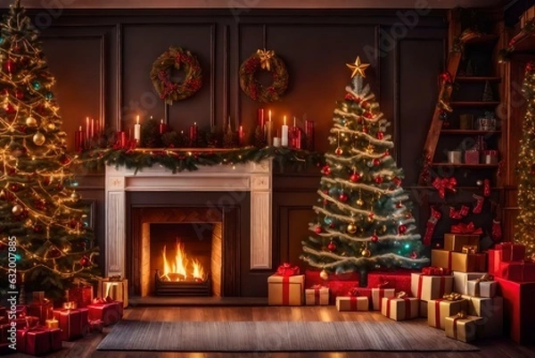 Obraz fireplace with christmas decorations