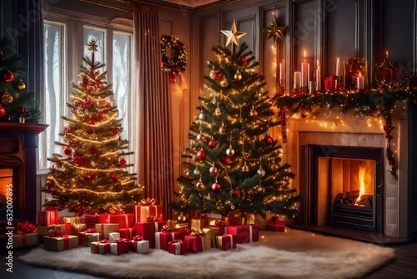 Fototapeta fireplace with christmas decorations created with using AI tools 