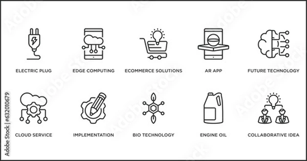 Fototapeta general outline icons set. thin line icons such as ecommerce solutions, ar app, future technology, cloud service, implementation, bio technology, engine oil vector.