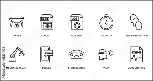 Obraz artificial intelligence outline icons set. thin line icons such as log file, velocity, depth perception, mechanical arm, survey, stereoscope, view vector.