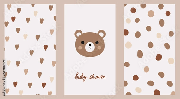 Fototapeta Hand drawn baby shower set. Cute bear in boho style. Pastel patterns for decoration. A funny vector set for a baby's birthday party. Decor for postcards, decoration of stories in social media.