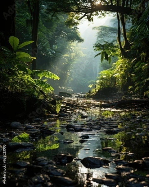 Fototapeta A lush rainforest teeming with vibrant biodiversity, where sunlight filters through the canopy 