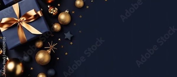 Obraz The Christmas background is dark blue and it features gift boxes and gold baubles. It is presented in a flat lay style with a top view and empty space for adding text or other elements.