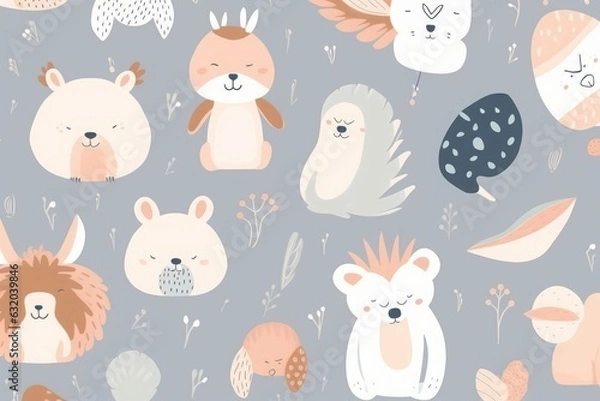 Fototapeta Baby animals seamless pattern. Fabric pattern.  illustration with cute animals. Nursery baby pattern illustration, Generative AI