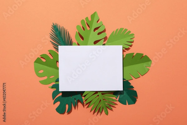Obraz Paper green tropical leaves on a peach background.