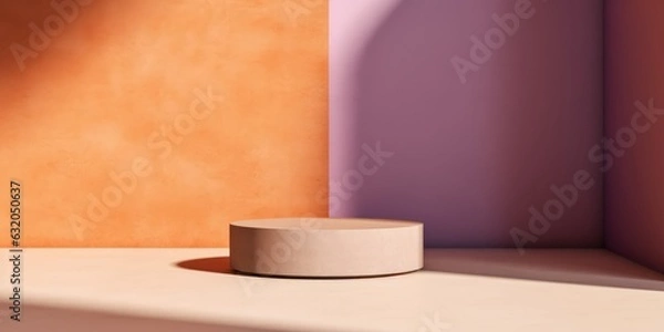 Fototapeta Minimal beige podium stage on pink ang orange background with shadow on the wall. for products, Mock up for exhibitions, presentation of products, generative ai