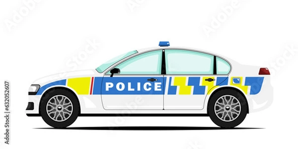 Fototapeta Side view of police car on isolated background, Vector illustration.