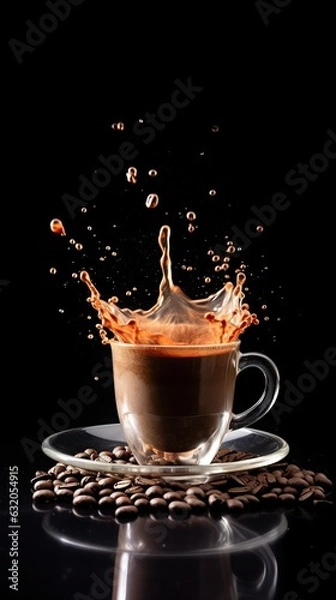 Fototapeta espresso coffee Set of cardboard cups. Aromatic coffee splashes with falling coffee beans on black background. Banner. 3D illustration.