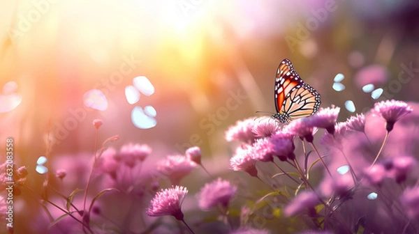 Obraz Butterfly on purple flowers, close-up shot with lens flare, generative ai
